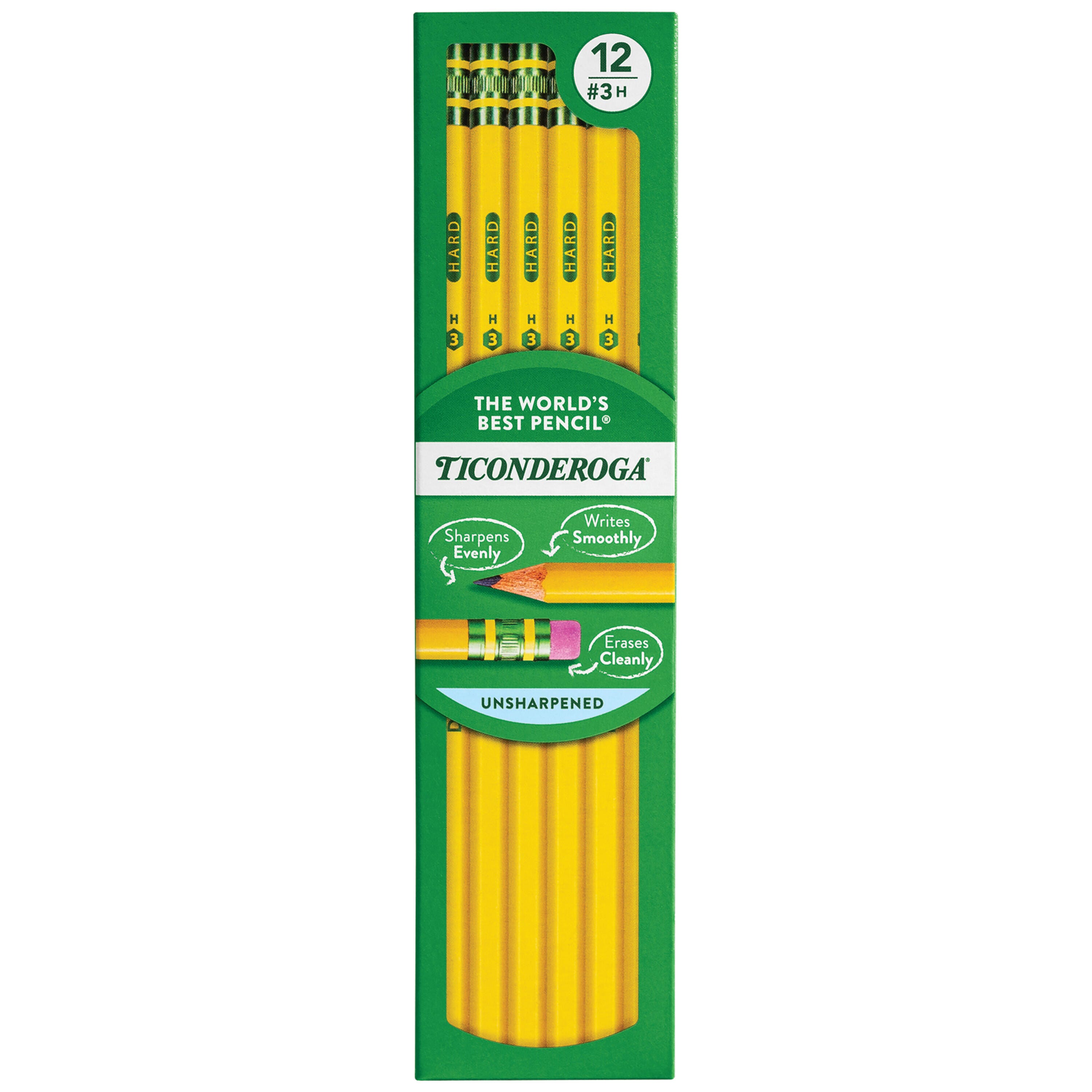 Ticonderoga Original Pencils, No 3 Medium Hard Tips, Yellow, Unsharpened, Pack of 12 017649